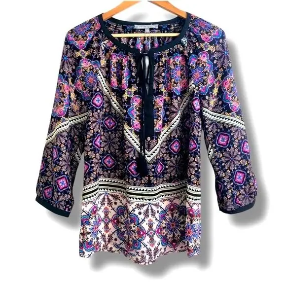 Daniel Rainn Blouse Womens Small Black Boho Floral Peasant Long Sleeve Top - Picture 2 of 8
